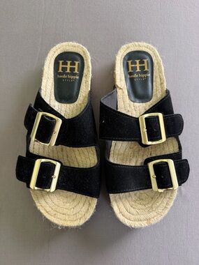 Haute Hippie Black Leather Espadrille Slide with Gold Logo